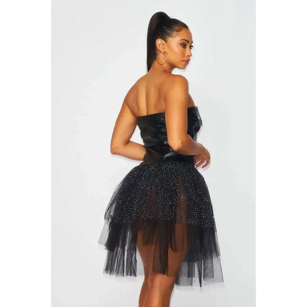 Kayla Contrast Mesh Faux Leather Strapless Tutu Dress | Punk Rock Goth Glam Zip